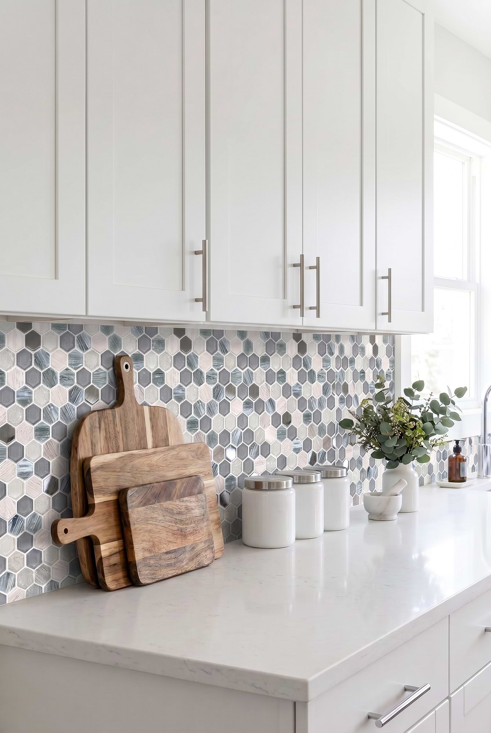 Blue Gray Hexagon Mosaic Backsplash BA62026