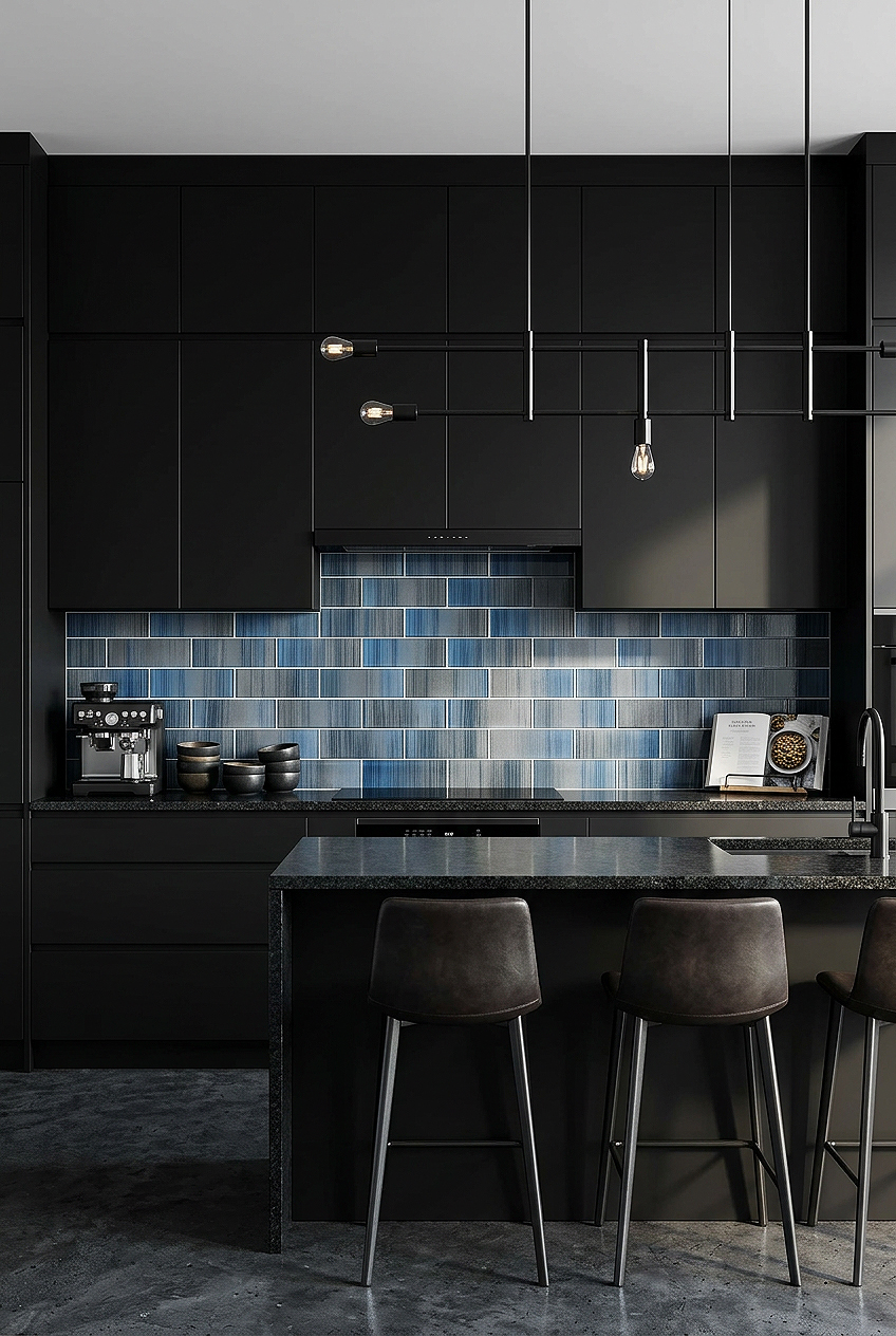 Blue Gray Metallic Glass Subway Backsplash BA8005