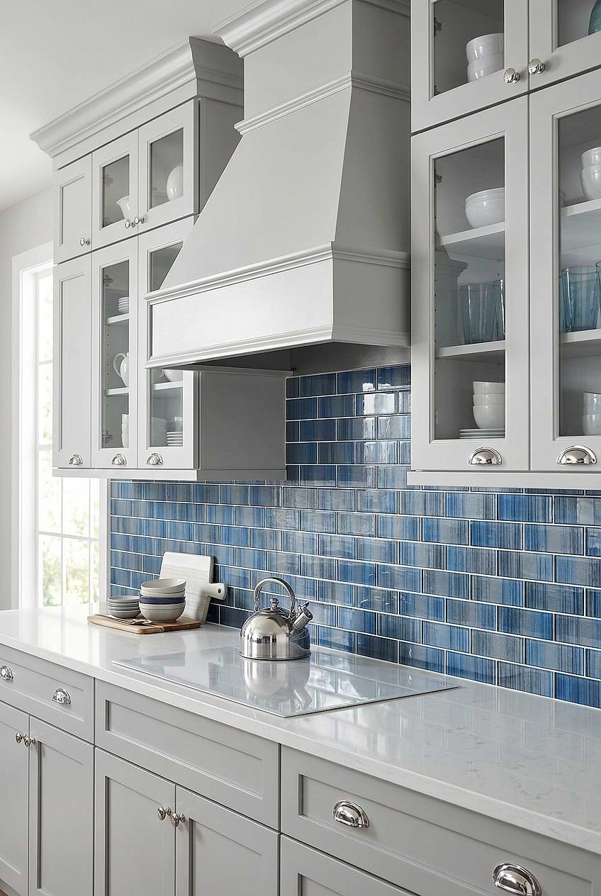 Blue Gray Metallic Glass Subway Backsplash BA8005
