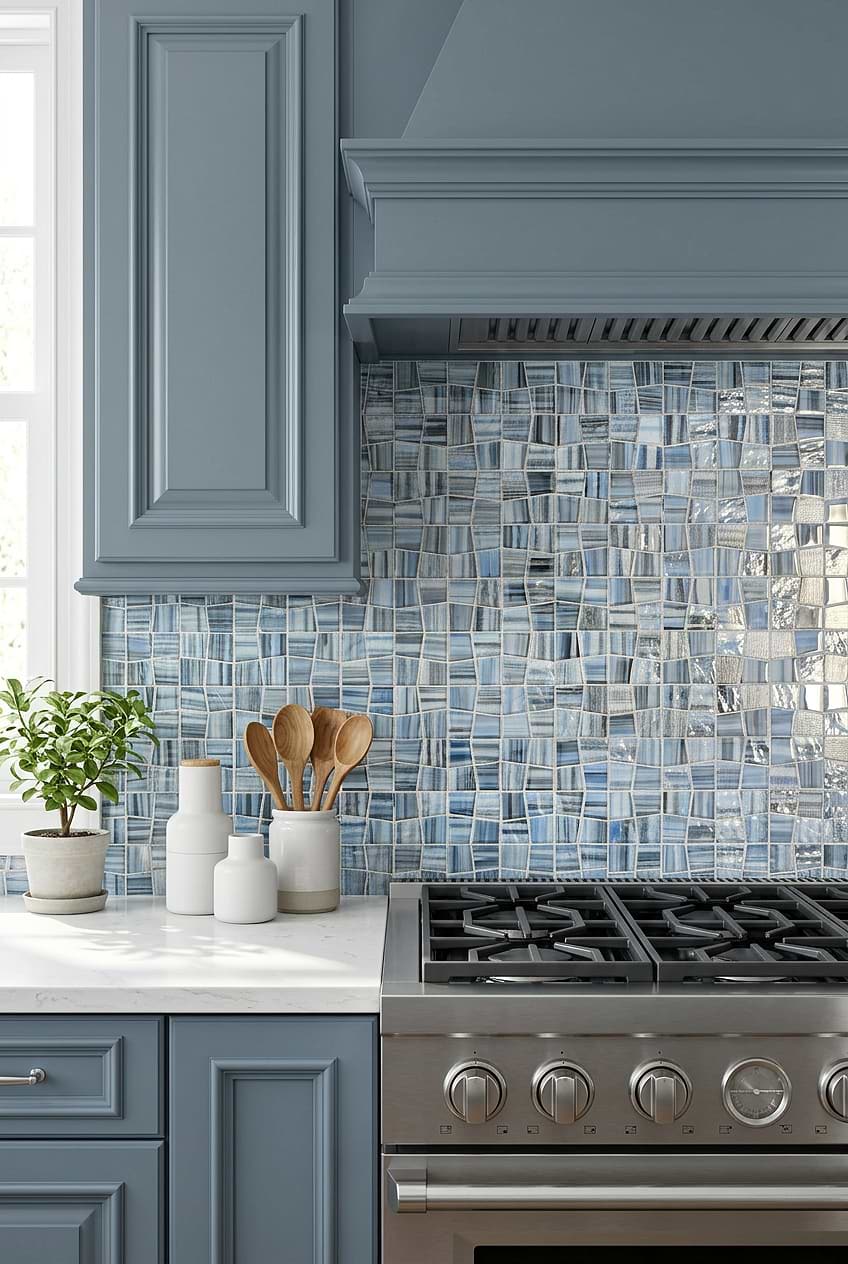 Blue Hand Painted Glass Mosaic Kitchen Tile BA5515