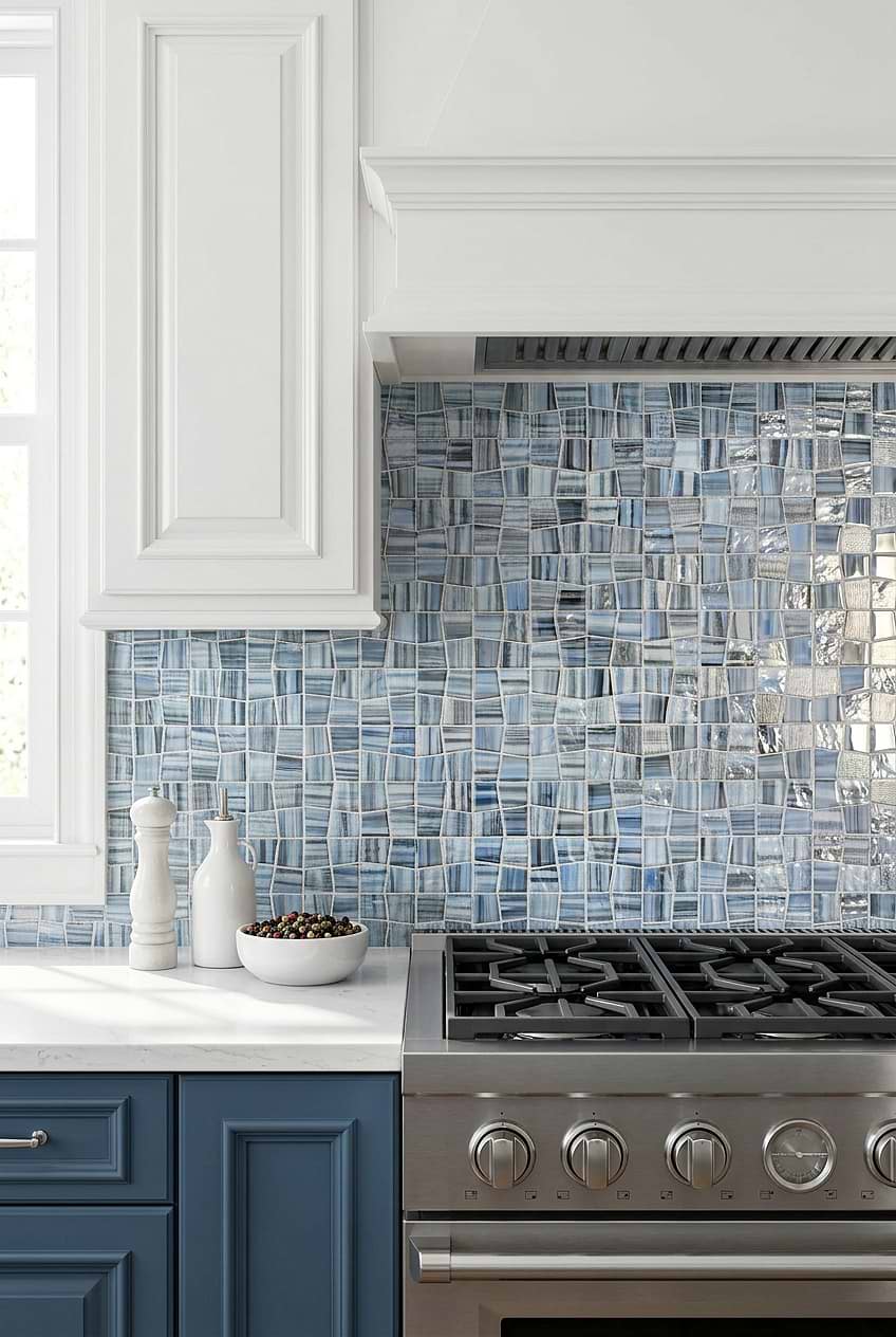 Blue Hand Painted Glass Square Mosaic Coastal Backsplash BA5515