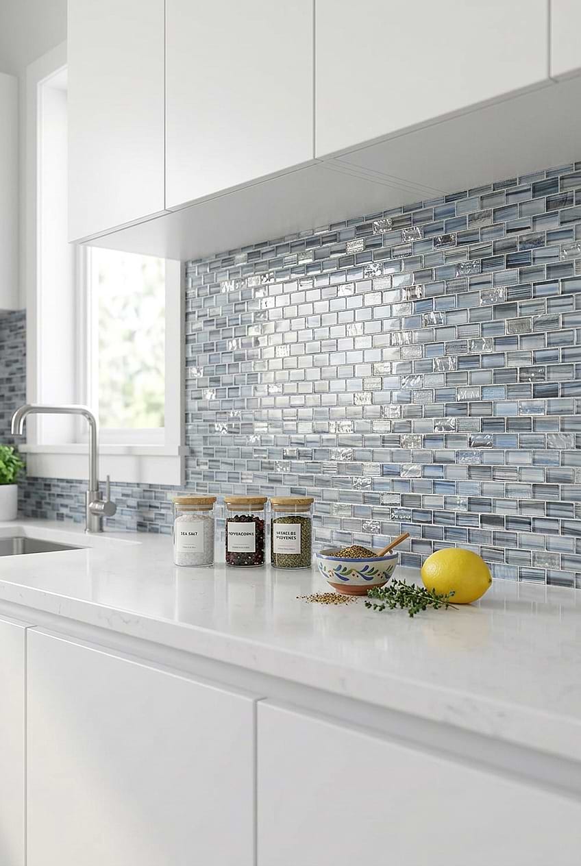 Blue Hand Painted Glass Subway Kitchen Backsplash BA5516