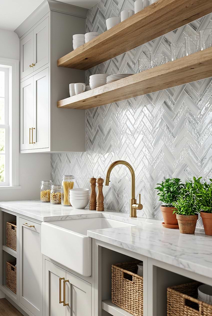 Blue Herringbone Backsplash Wood Shelves BA5507 LOT A