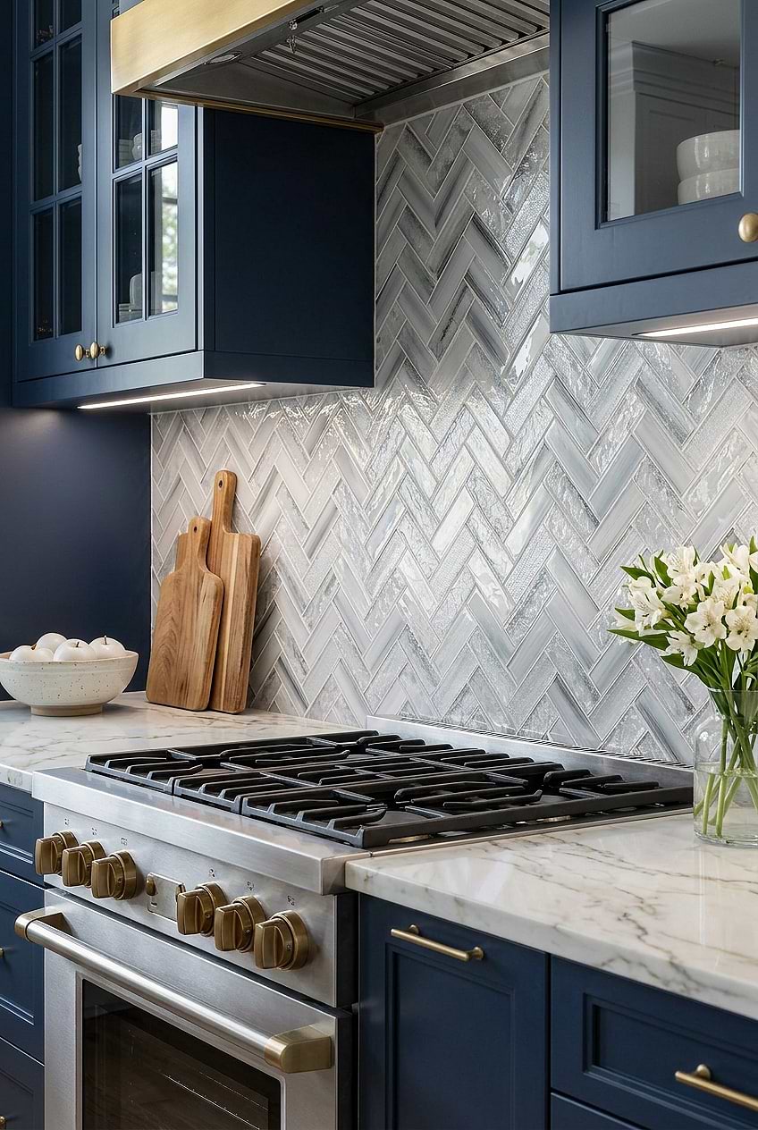 Blue Silver Glass Herringbone Kitchen Backsplash BA5507 LOT A