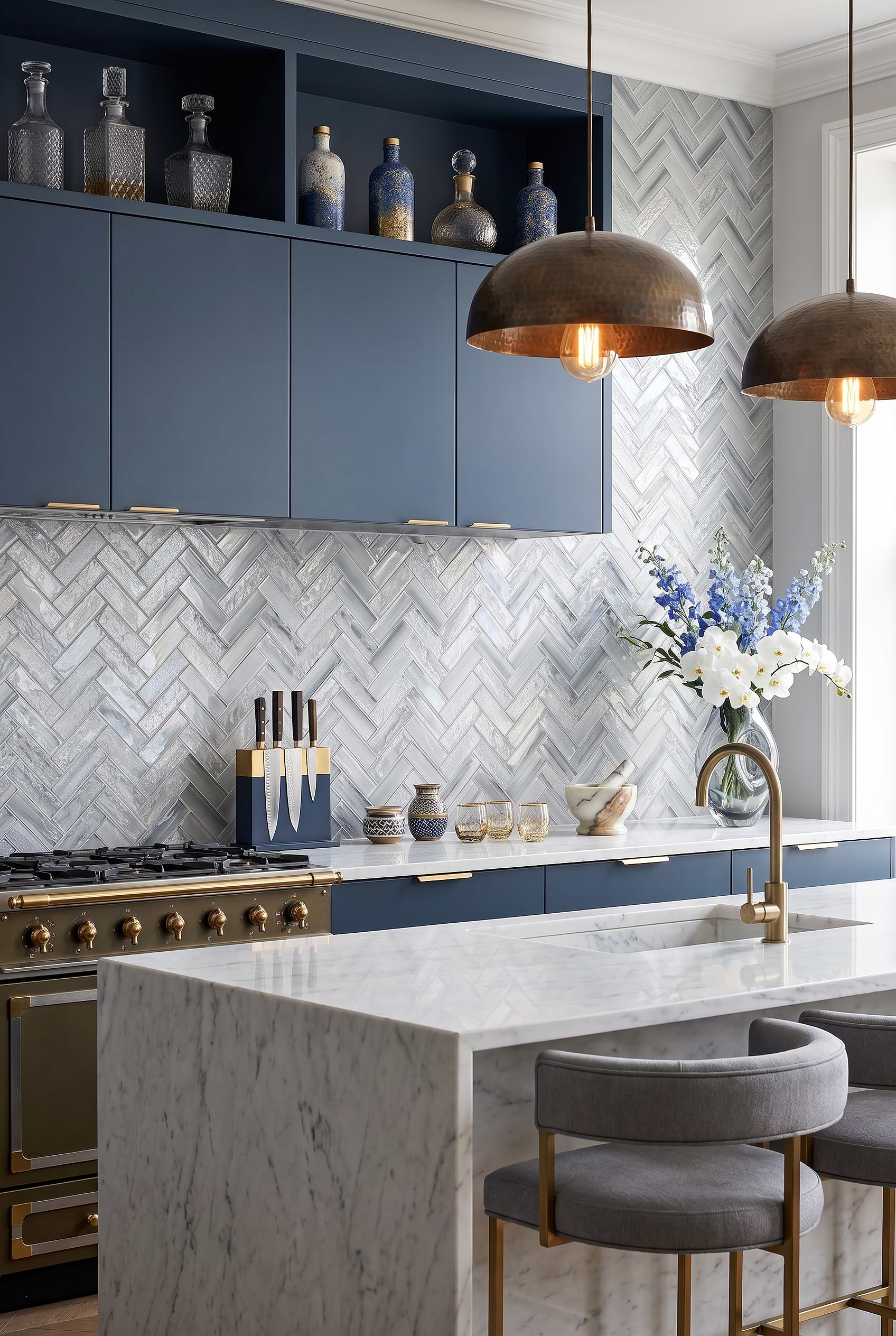 Blue Textured Glass Herringbone Mosaic Backsplash Tile BA5507 LOT A