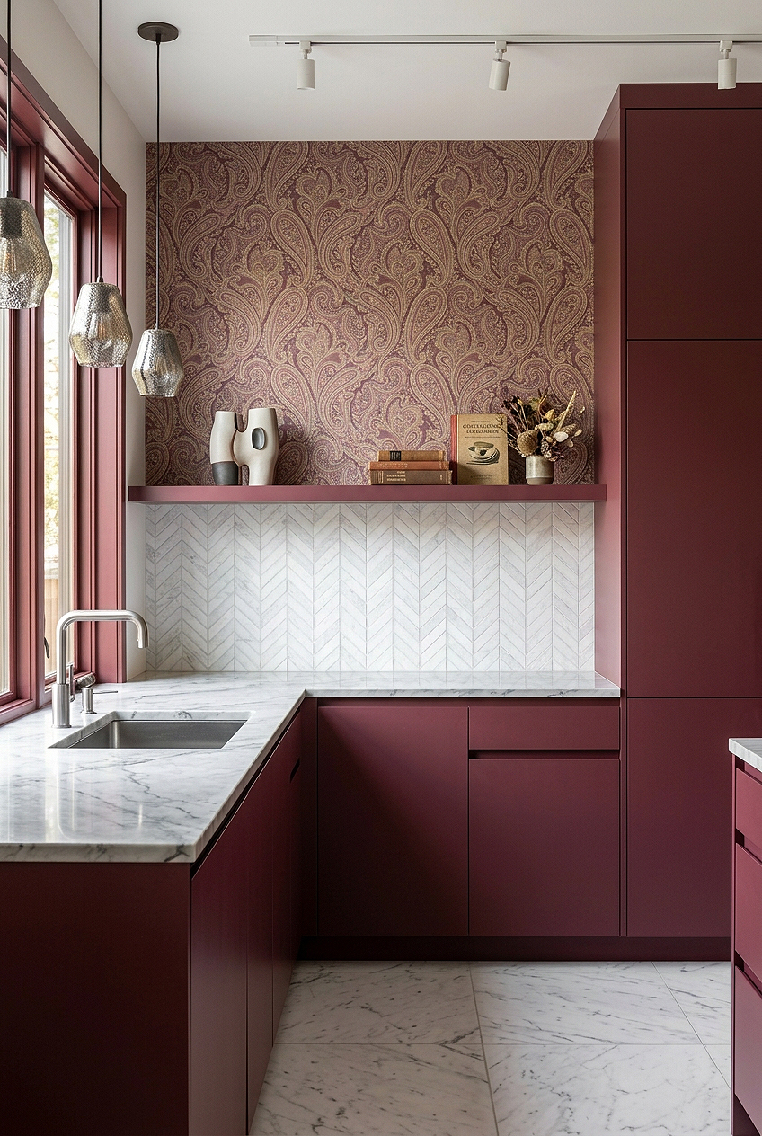 Burgundy Cabinets White Marble Chevron Tile BA631613