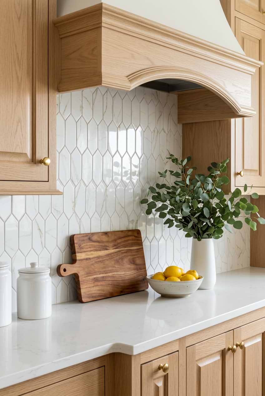 Calacatta Gold Glass Tile Wood Cabinets BA6702