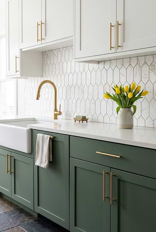 Calacatta Gold Glass Tile with Green Cabinets BA6702