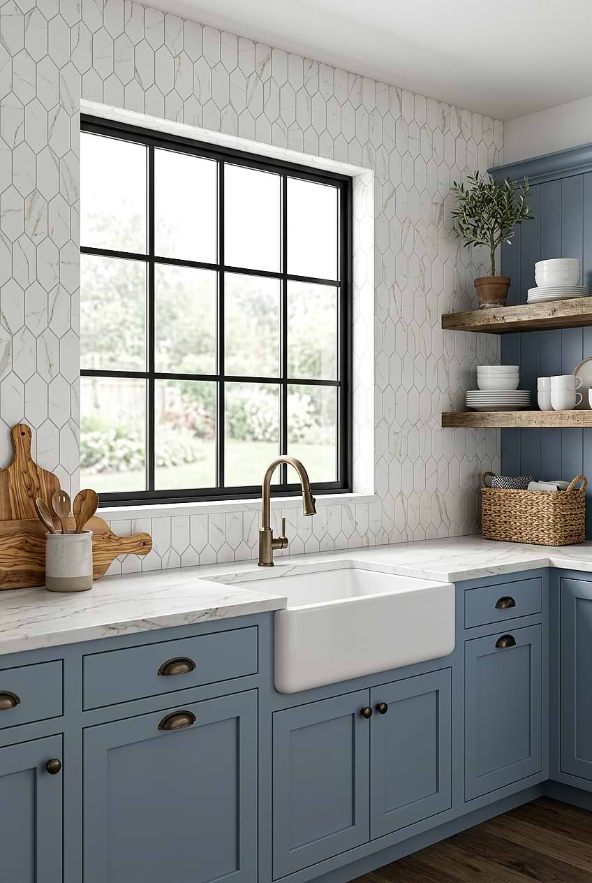 Calacatta Gold Mosaic Blue Cabinets BA6702