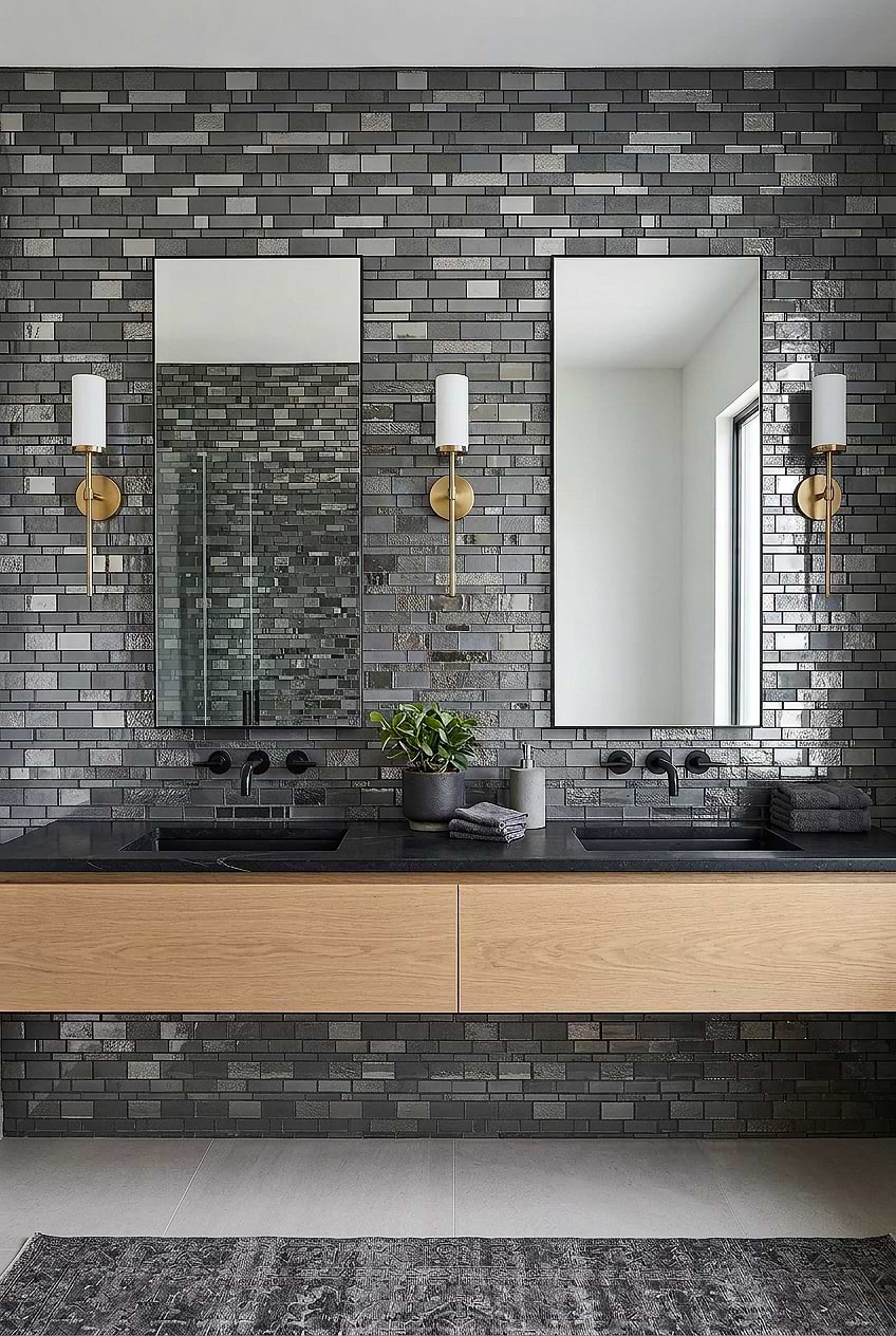 Charcoal Gray Glass Linear Mosaic Bathroom Tile BA7018