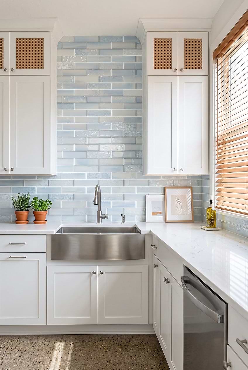 Cloud Blue Subway Tile with White Kitchen BA5560