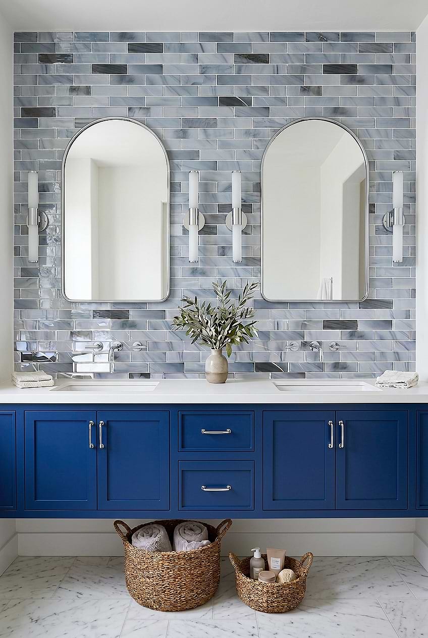 Colorful Bathroom Ideas Blue Gray Sparkle Glass Subway Tile BA8010