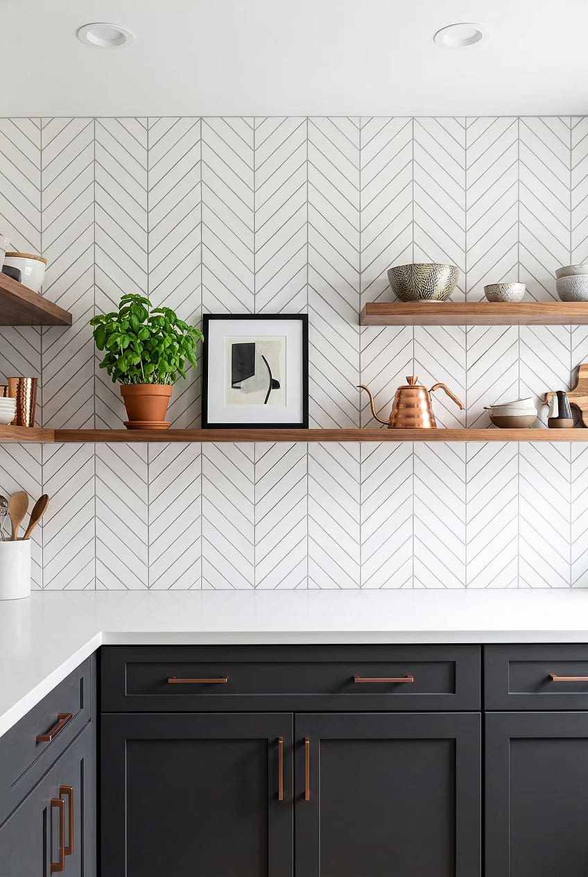 Dark Cabinets Large Marble Chevron Backsplash Tile BA6322