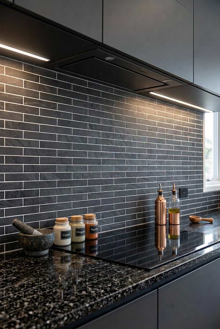 Dark Gray Slate Long Subway Kitchen Backsplash BA1045