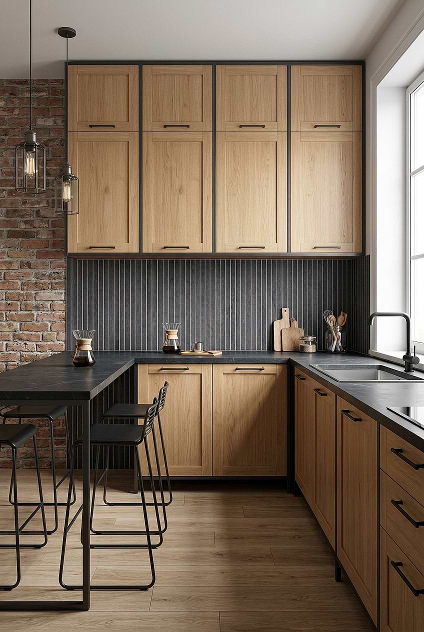Dark Slate Backsplash Tile Wood Cabinets BA1081
