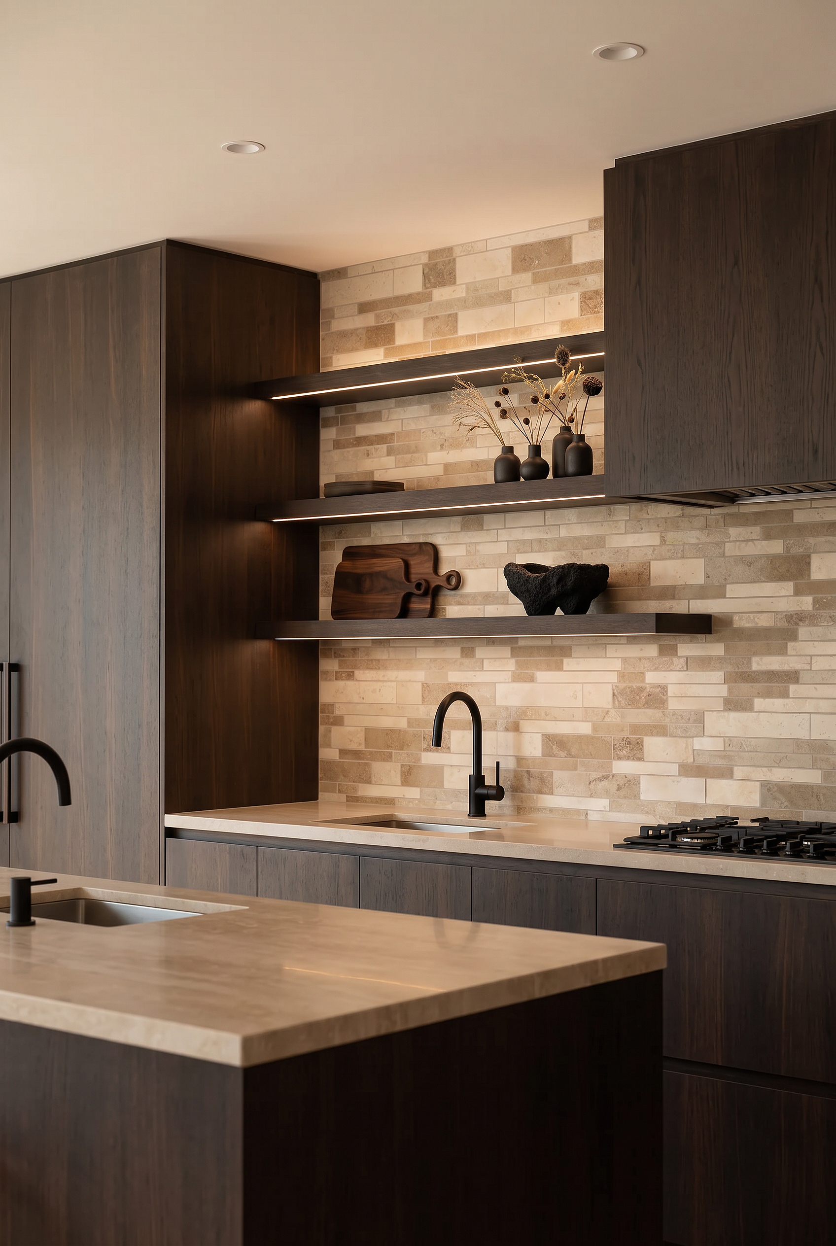 Dark Wood Kitchen Modern Beige Travertine Subway Tile BA1024 Dark Wood Kitchen Modern Beige Travertine Subway Tile BA1024