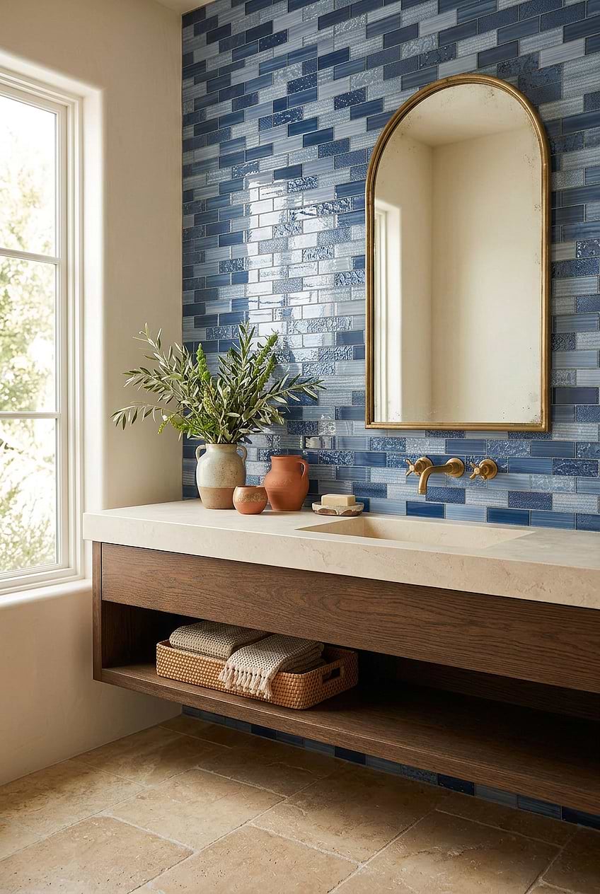 Floating Bathroom Vanity Ideas Pacific Blue Glass Subway Tile BA5530