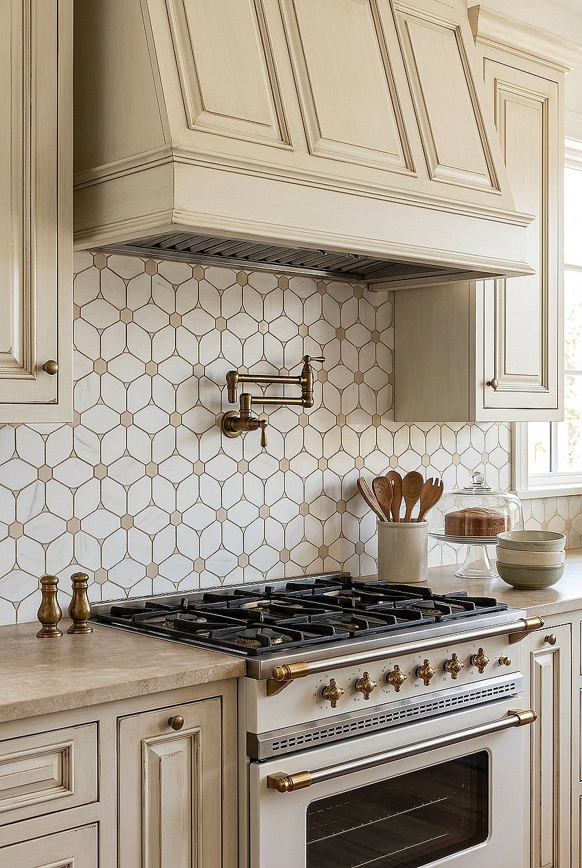 Geometric Marble Mosaic Backsplash for Off White Cabinets BA6310