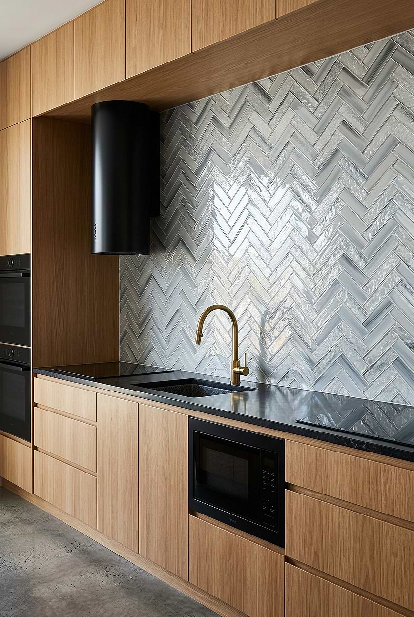 Glass Herringbone Backsplash Wood Cabinets BA5507 LOT A