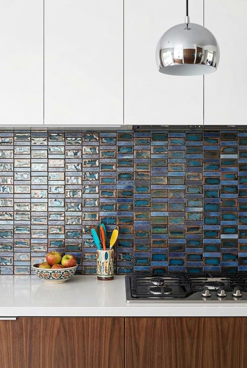 Glossy Blue Rustic Glass Kitchen Backsplash BA6204