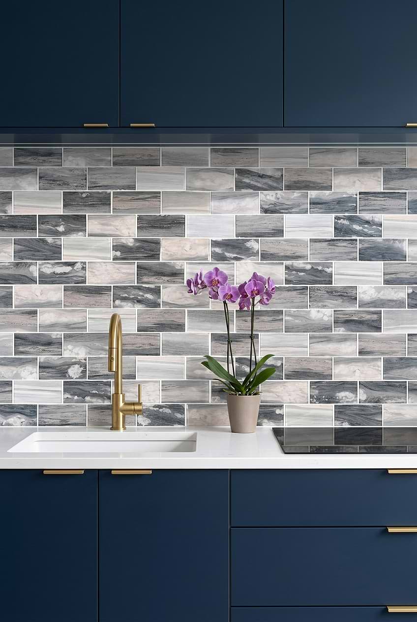 Gray Beige Marble Look Glass Subway BA8009