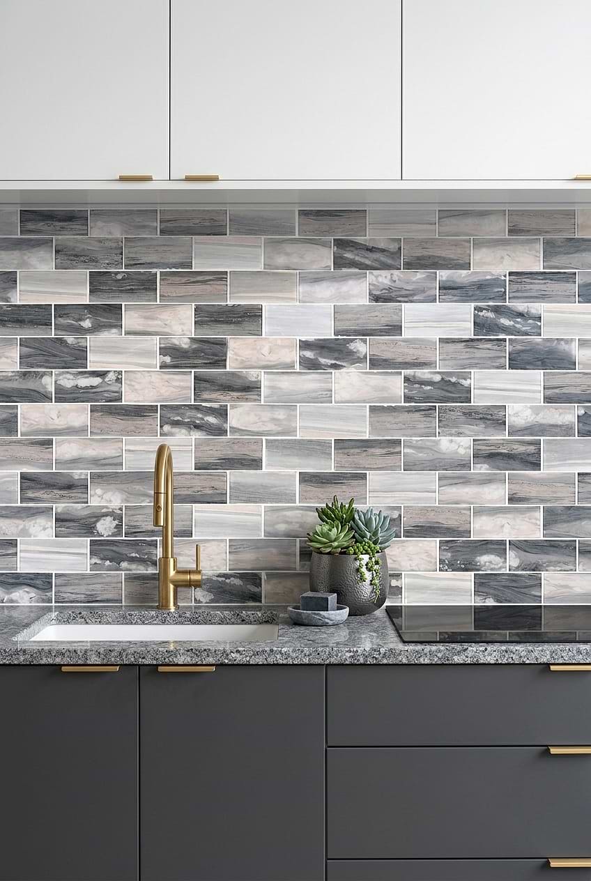 Gray Beige Marbled Glass Subway Kitchen Backsplash BA8009