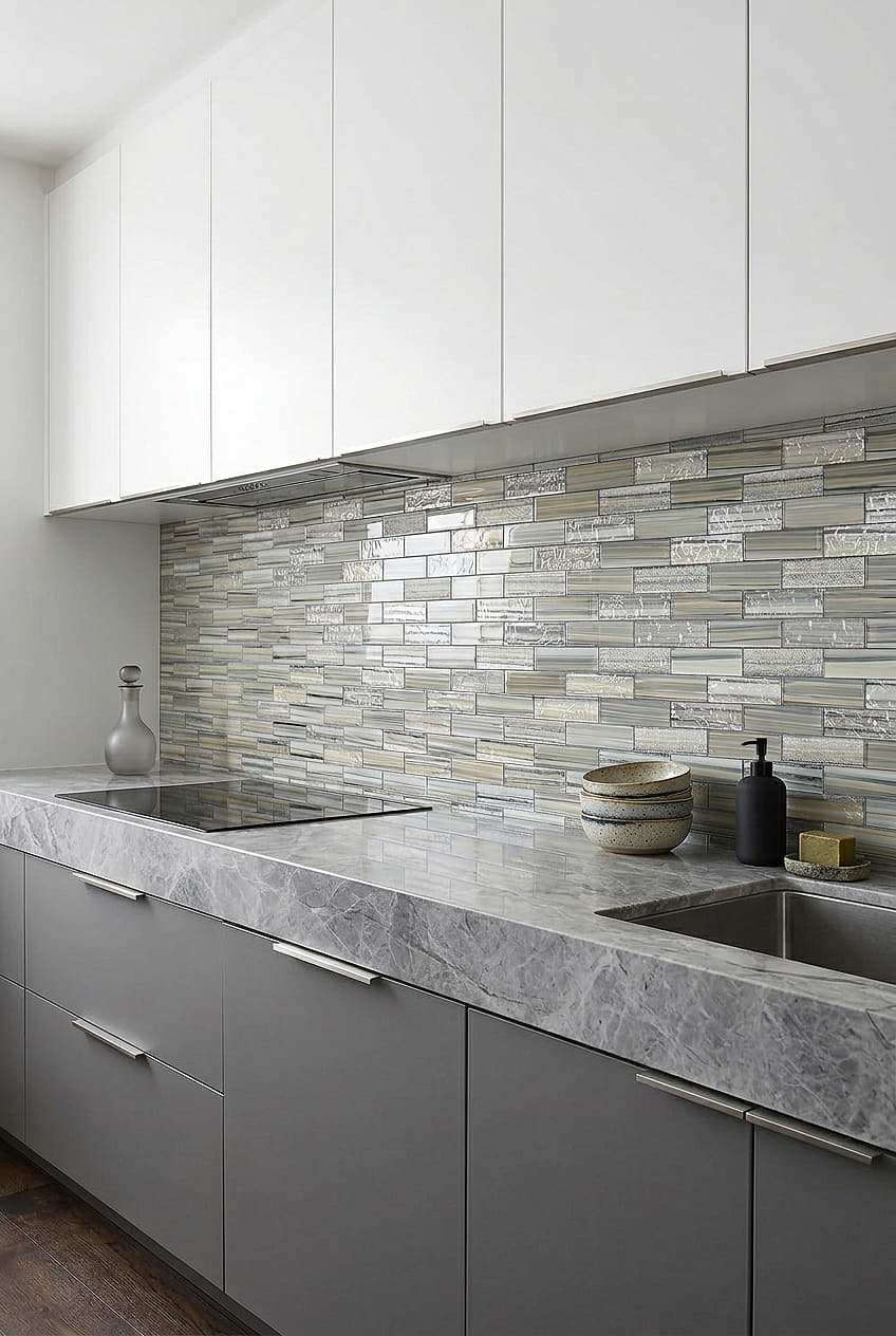 Gray Blue Linear Glass Kitchen Backsplash BA5565