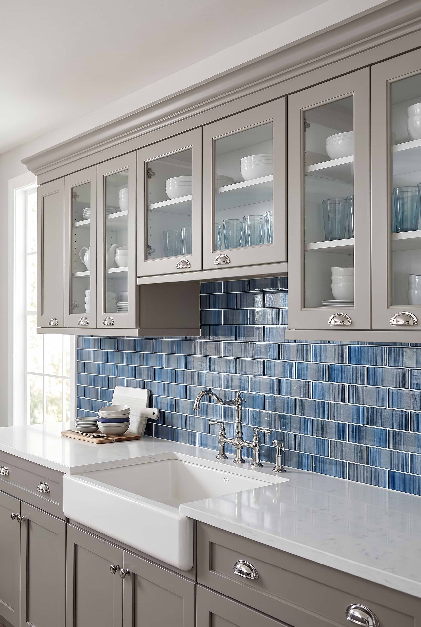 Gray Cabinets Blue Glass Backsplash Tile BA8005