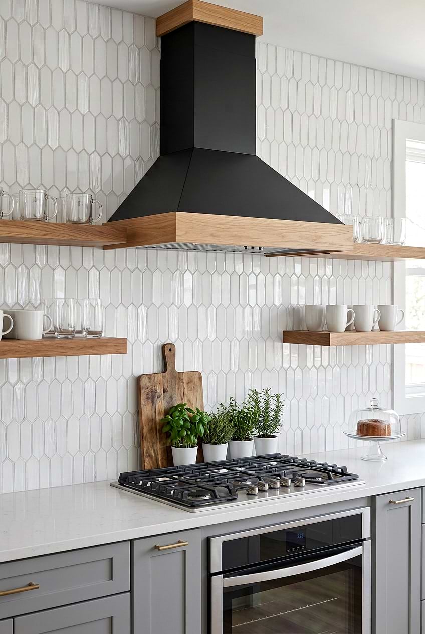 Gray Cabinets with Brass Hardware and Pearl Glass Tile BA6701