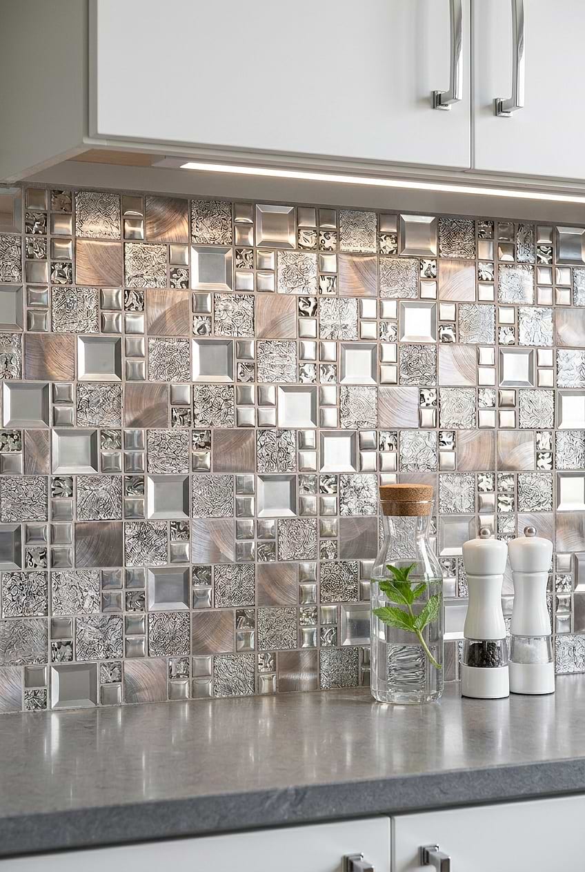 Gray Copper Glass Metal Geometric Mosaic Tile BA62010