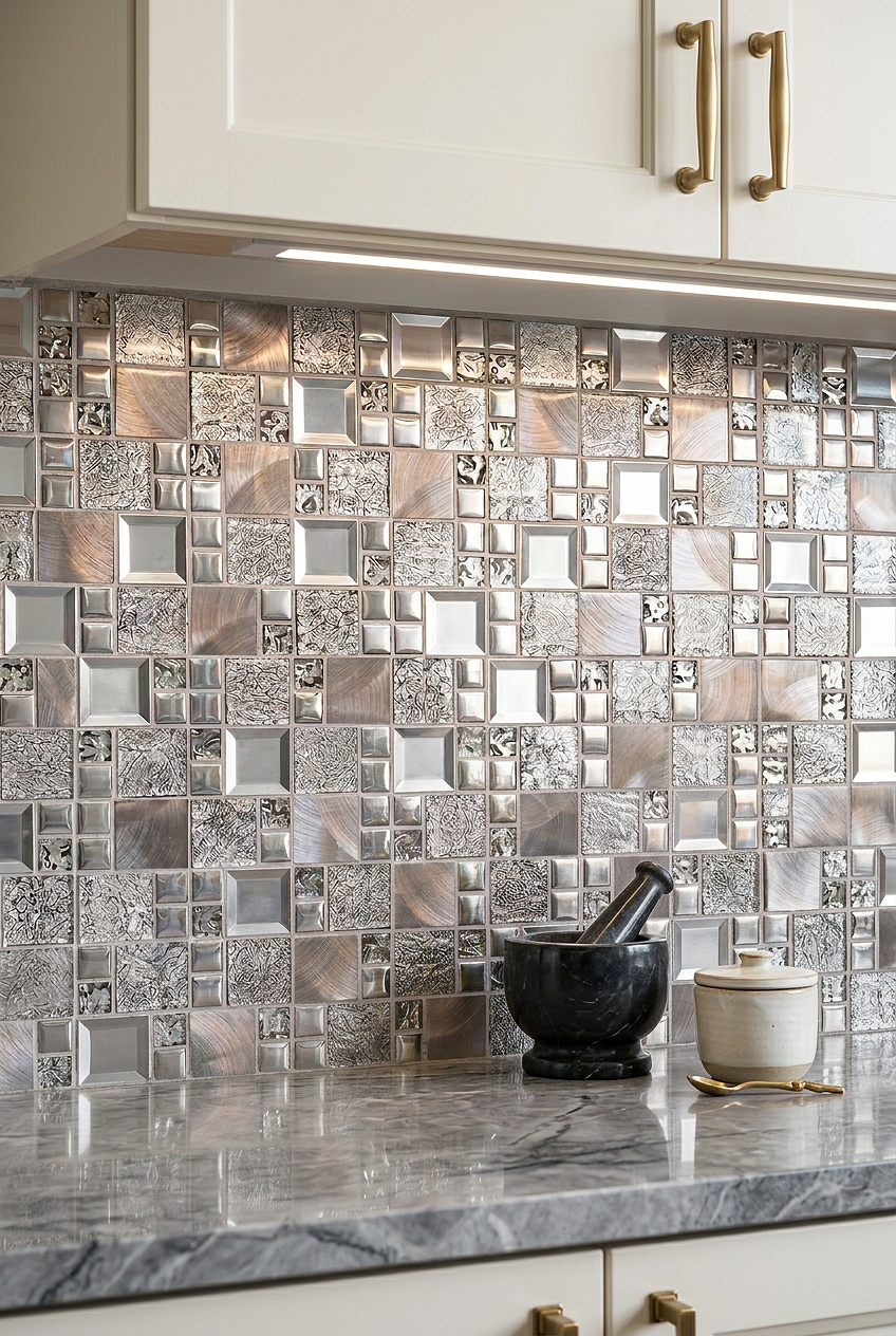 Gray Copper Glass Metal Square Mosaic Tile BA62010
