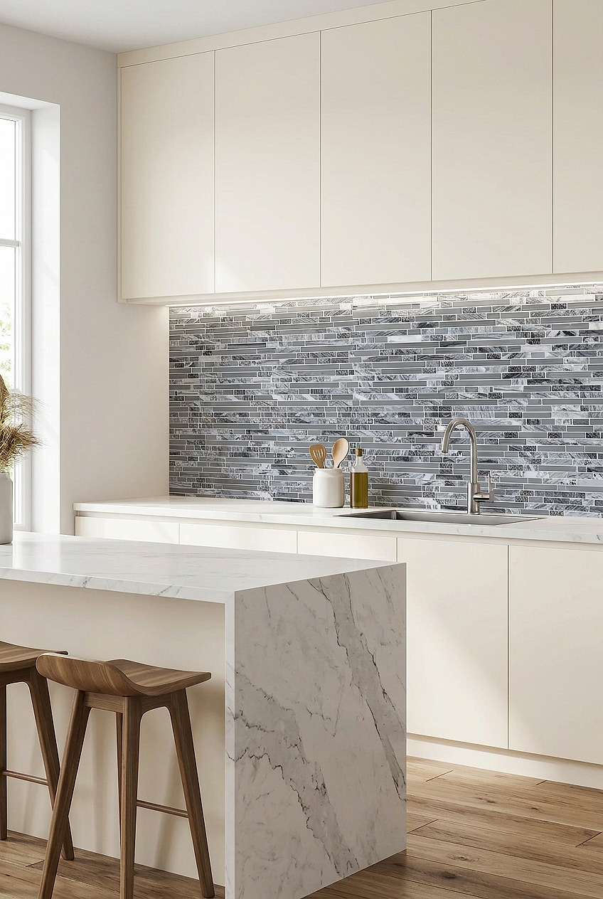 Gray Marble Glass Backsplash for Off White Cabinets BA1037