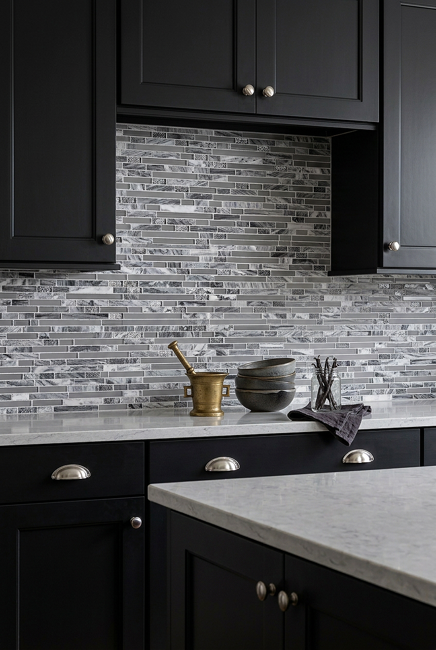 Gray Marble Glass Linear Mosaic Backsplash BA1037