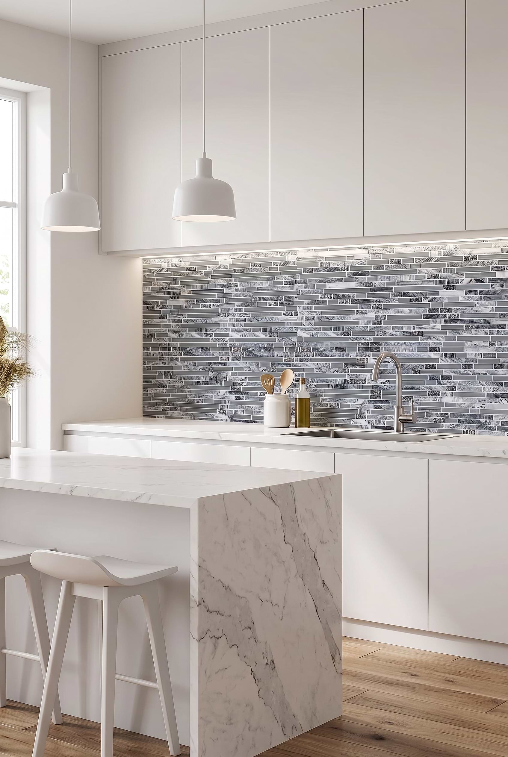 Gray Marble Glass Linear Mosaic Backsplash Tile BA1037