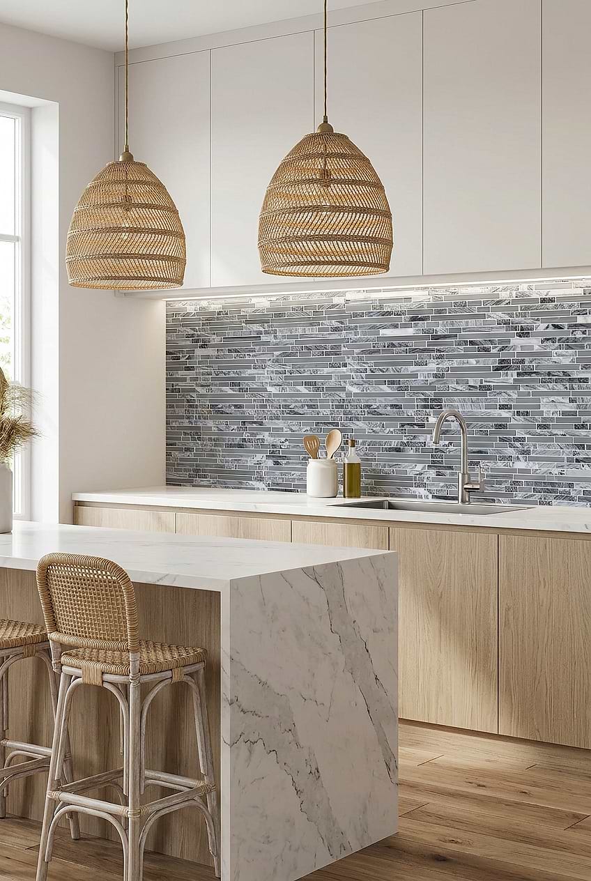 Gray Marble Glass Linear Mosaic Backsplash Tile BA1037