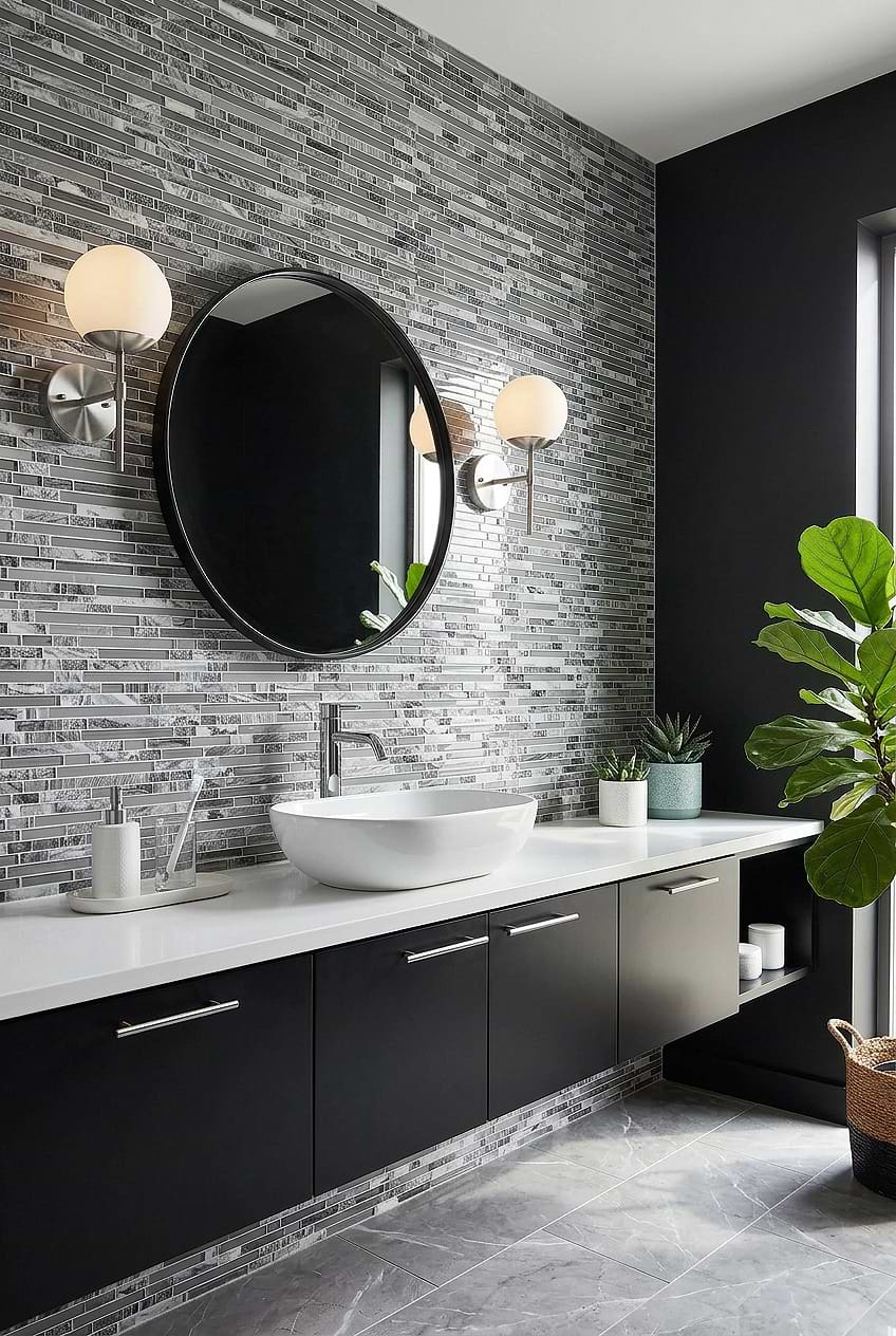 Gray Marble Glass Linear Mosaic Bathroom Tile BA1037