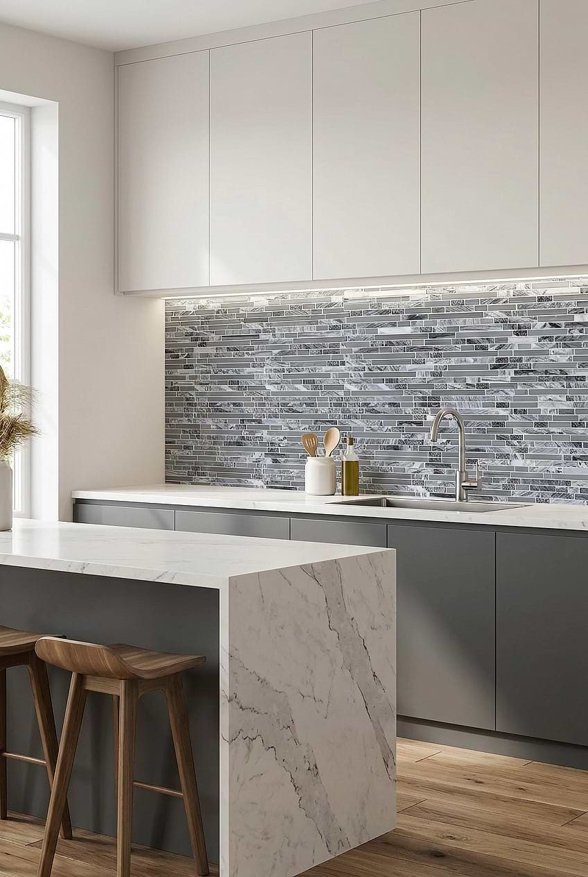 Gray Marble Glass Linear Mosaic Tile Timeless Kitchen Backsplash BA1037 Gray Marble Glass Linear Mosaic Tile Timeless Kitchen Backsplash BA1037