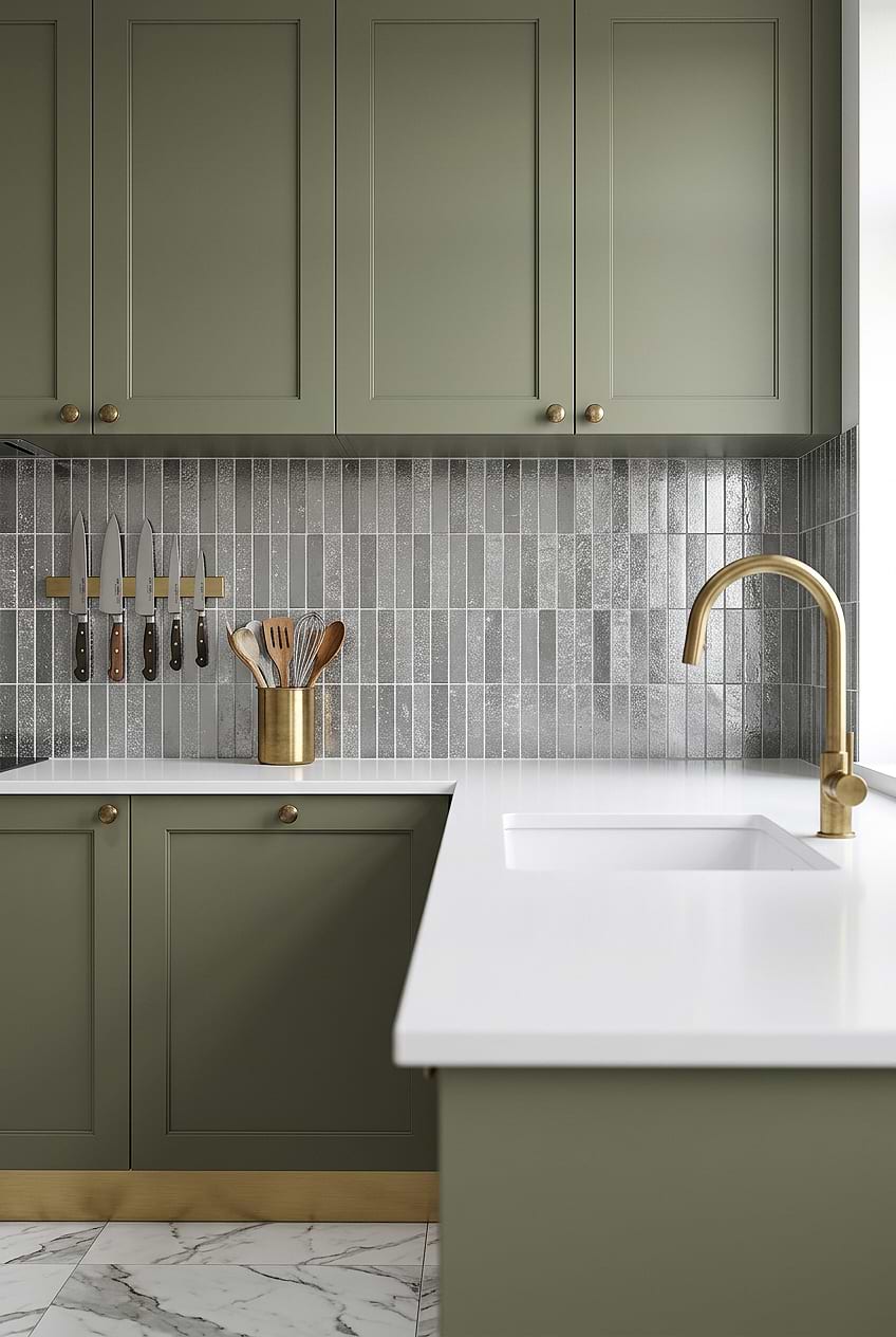 Gray Metallic Vertical Backsplash Green Cabinets BA6205
