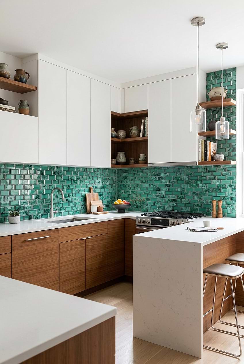 Green Beveled Glass Kitchen Backsplash BA8013