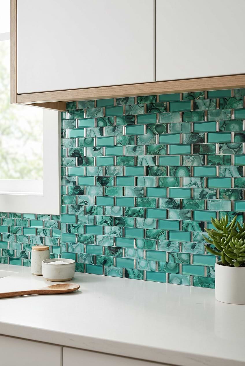 Green Beveled Glass Subway Backsplash BA8013
