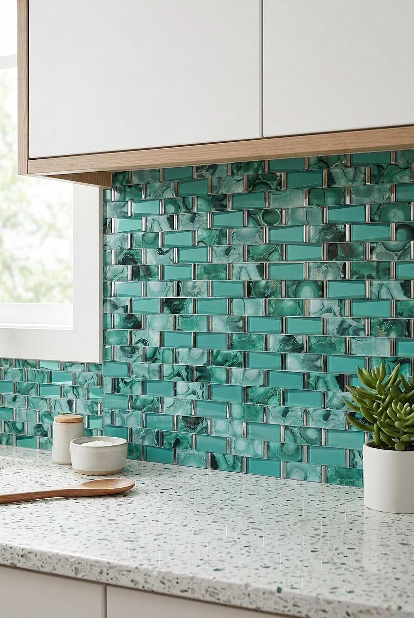 Green Beveled Glass Subway Kitchen Tile BA8013