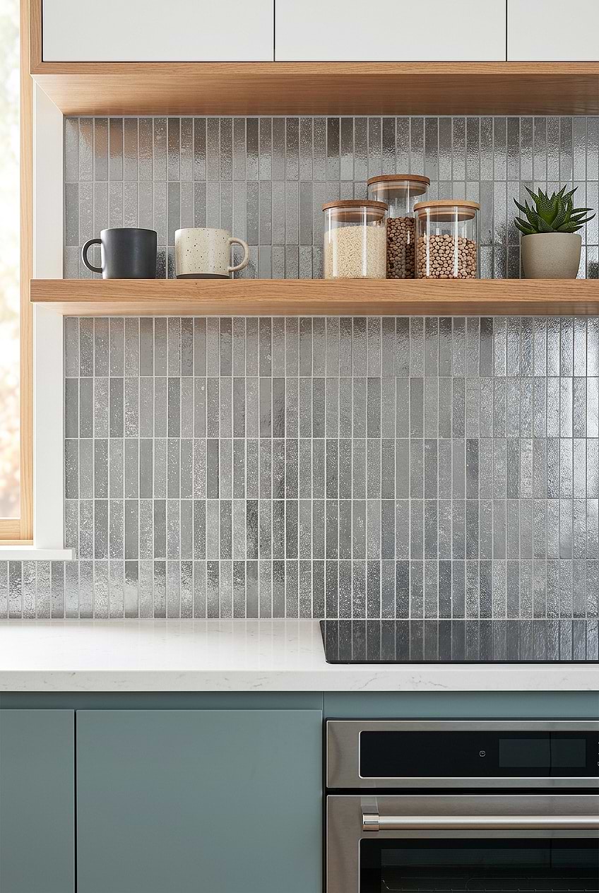 Green Cabinets with Gray Metallic Vertical Mosaic Backsplash Tile BA6205