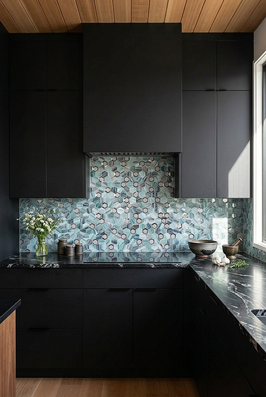 Green Glass Metal Hexagon Kitchen Backsplash BA6203