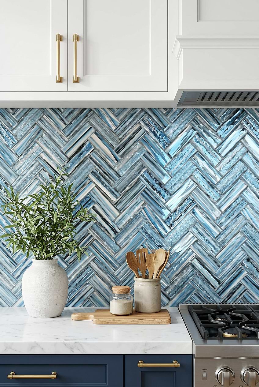 Icy Blue Herringbone Tile Two Tone Kitchen BA5525
