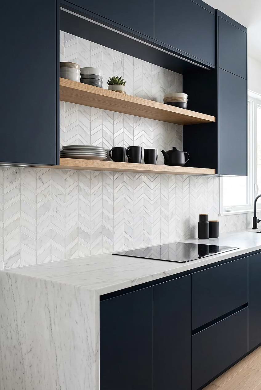 Kitchen Floating Shelves Ideas White Gray Chevron Marble Tile BA6311
