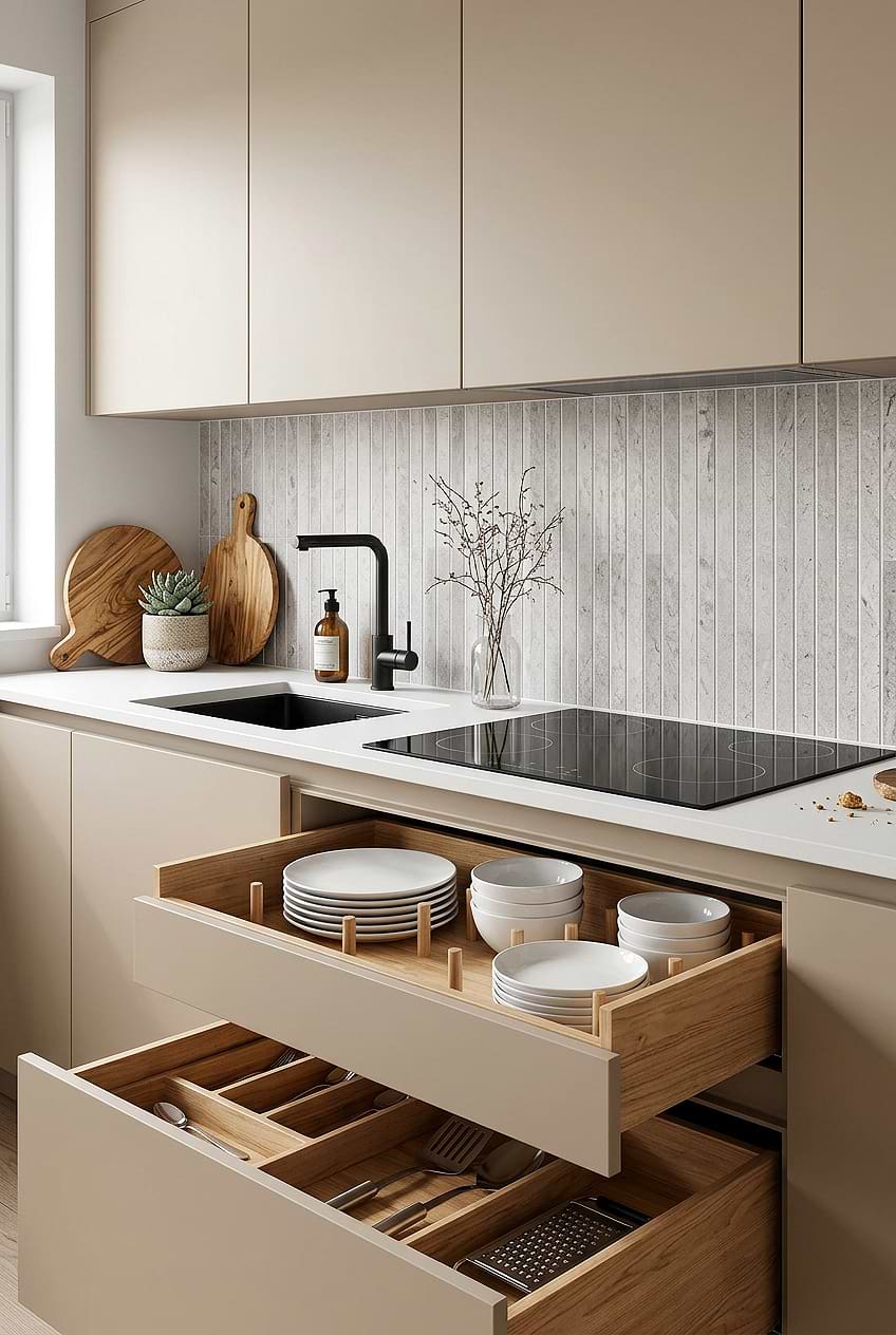 Kitchen Storage Cabinets Light Gray Vertical Backsplash Tile BA1038