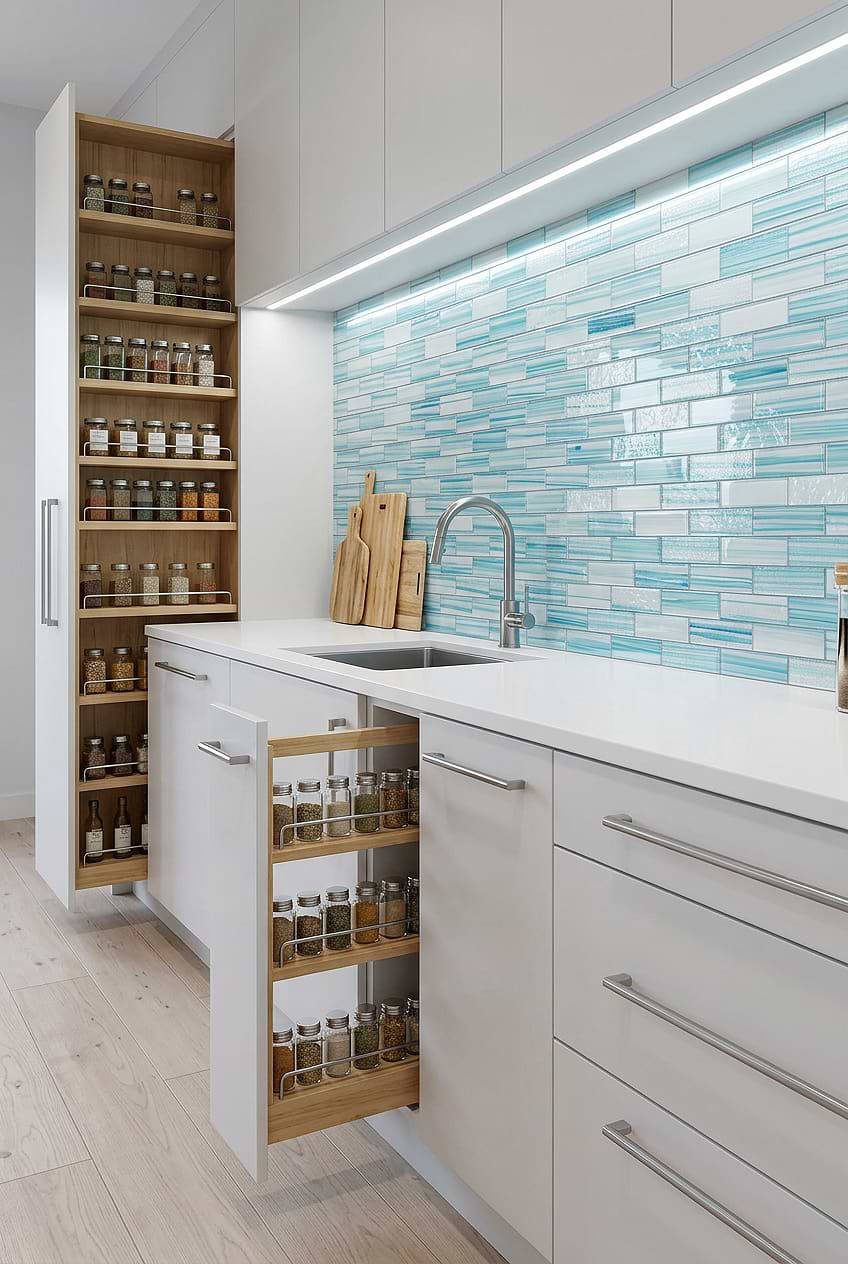 Kitchen Storage Cabinets Ocean Blue Glass Subway Tile BA5563