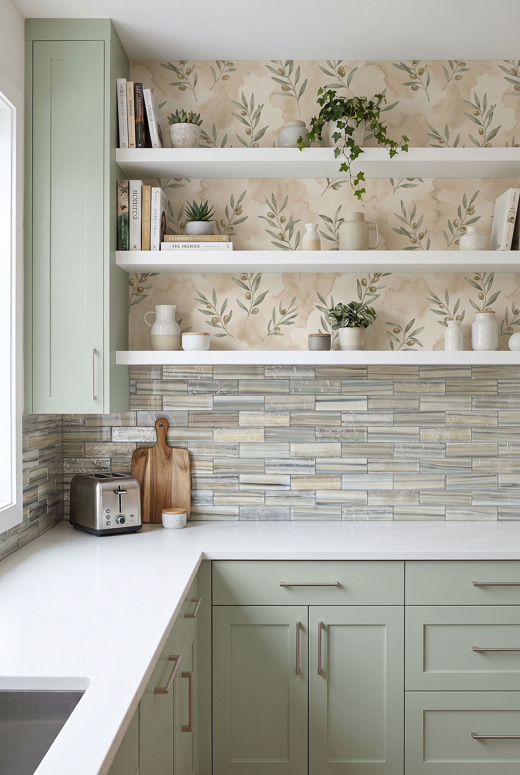 Kitchen Wallpaper Ideas Gray Blue Glass Subway Tile BA5565
