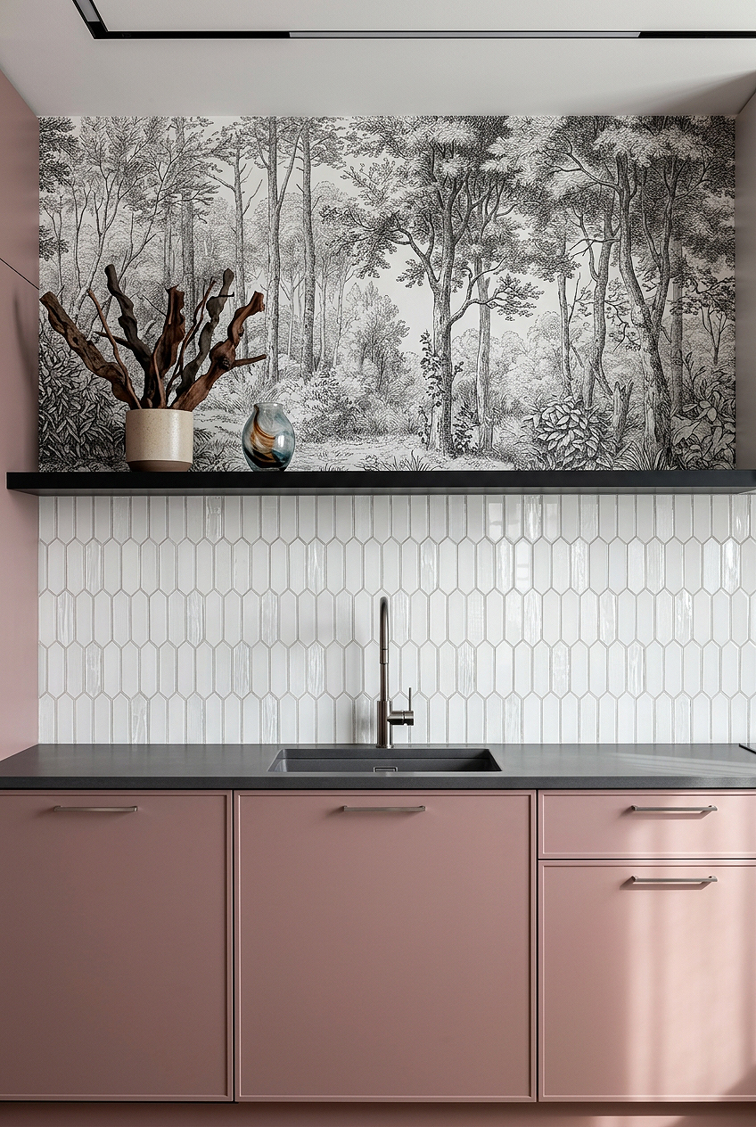 Kitchen Wallpaper Ideas with White Pearl Glass Picket Tile BA6701