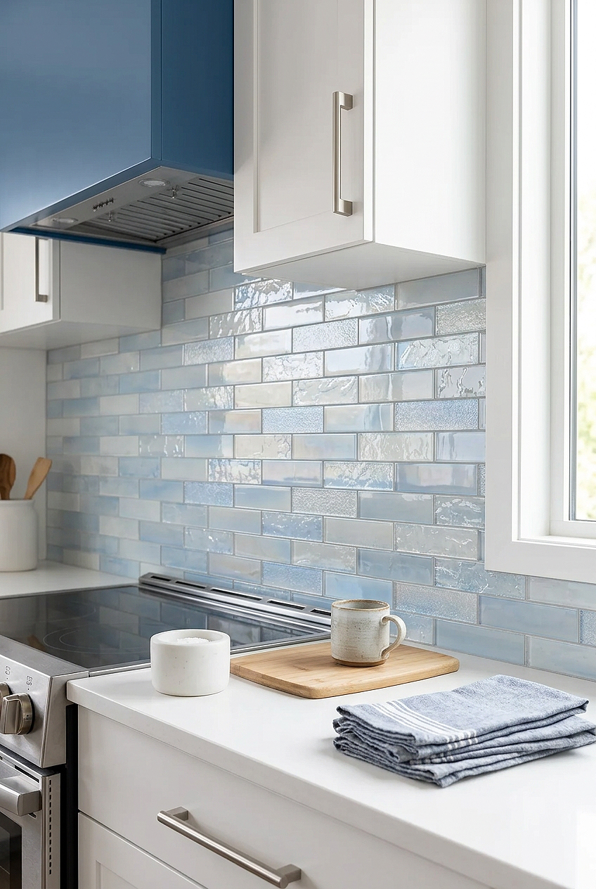 Light Blue Textured Glass Subway Kitchen Backsplash Tile BA5560